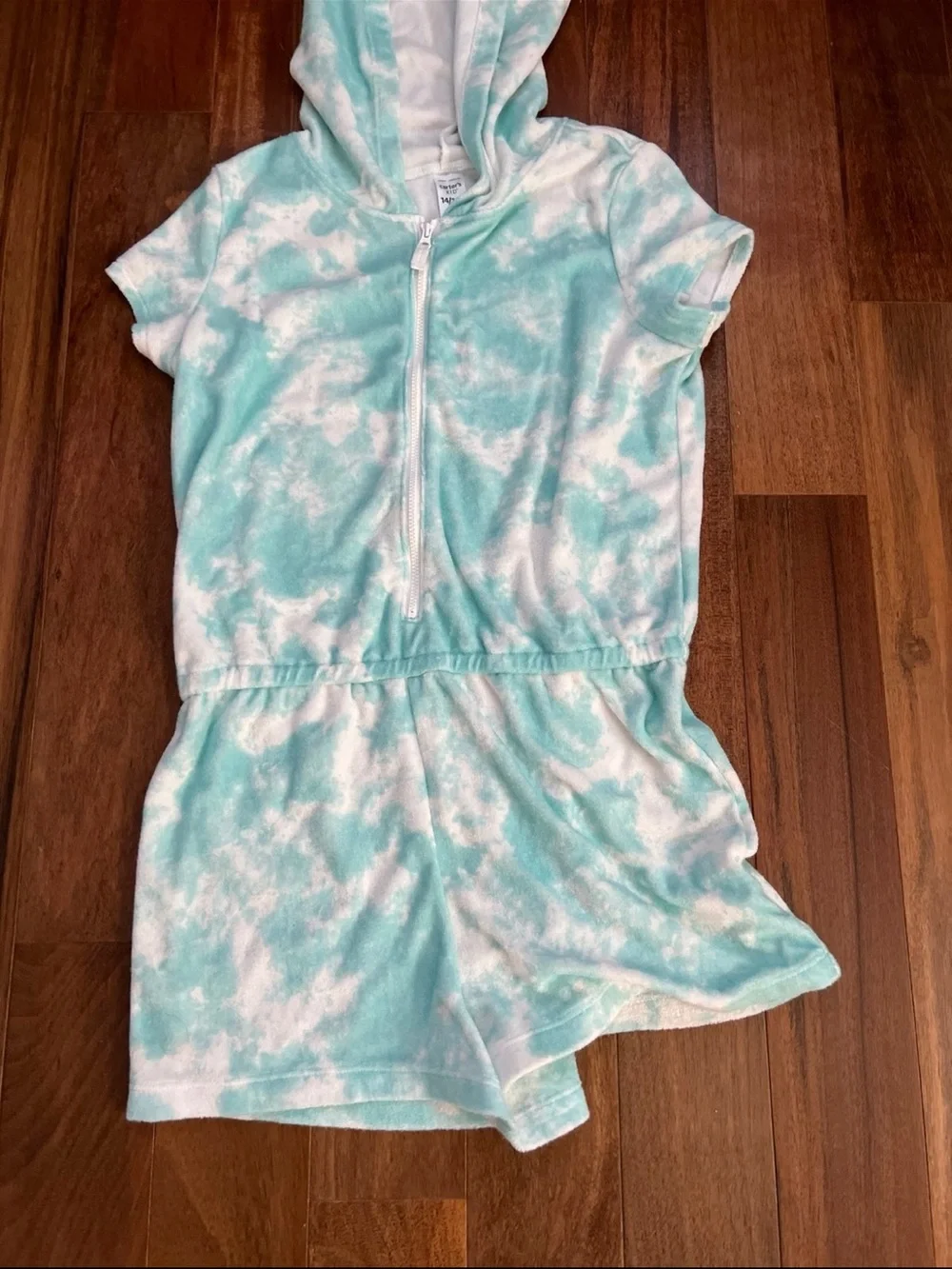 Carter's Aqua and White Tie-Dye Hooded Short Romper